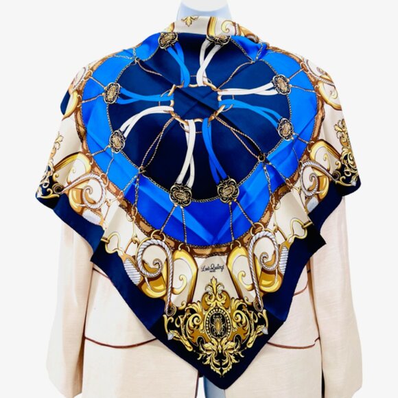 New Unused Louis Quatorze Paris 100% Silk Satin 27" Blue Beige Gold Logo (52) - Picture 1 of 6
